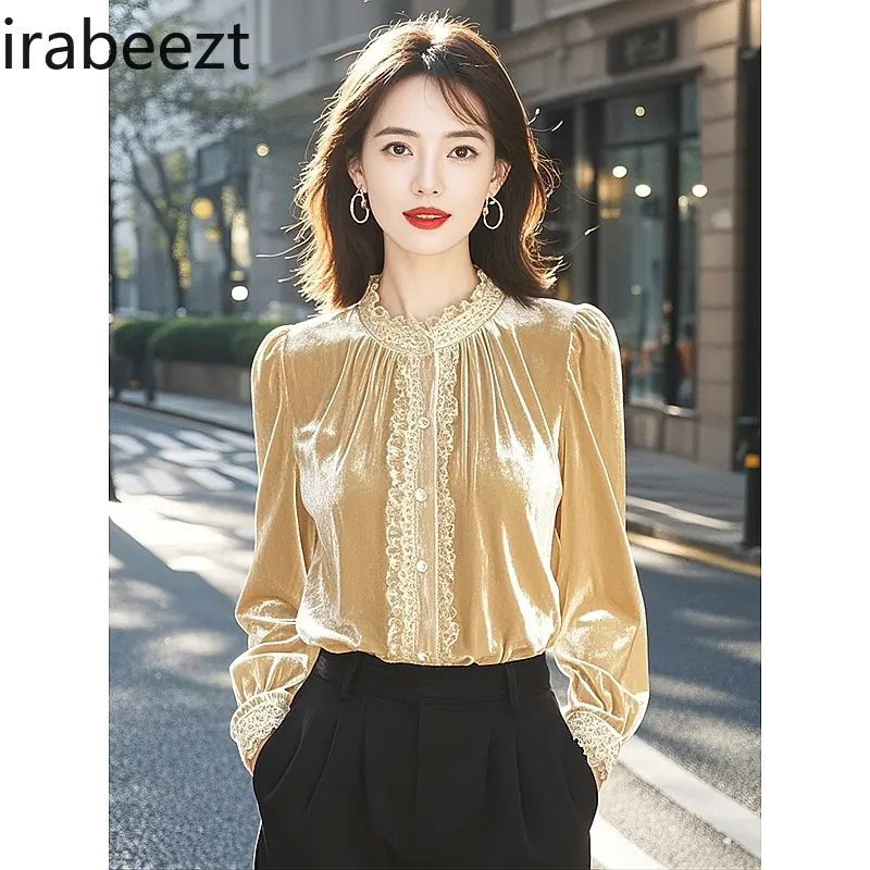 2025 French Style Velvet Blouse Women's Long Sleeve Gold Shirt Vintage Chic Office Casual Tops Fall Spring Fashion