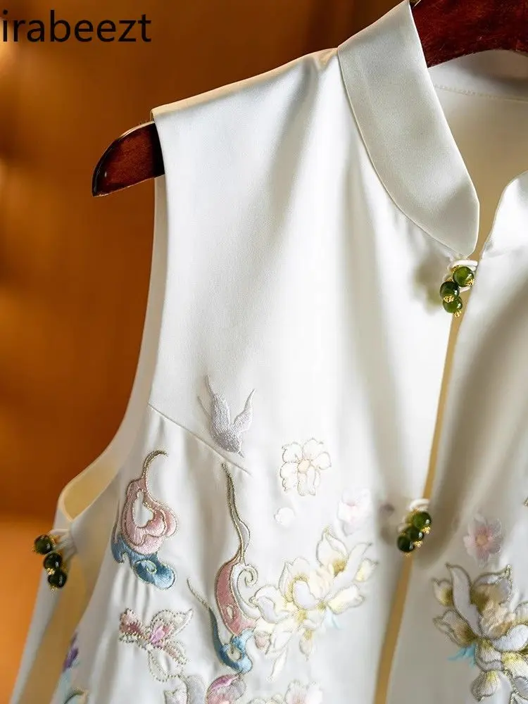 2025 Spring Chinese Style Satin Vest Women Floral Embroidery Beaded Button Waistcoat Elegant Outerwear Vintage Chic