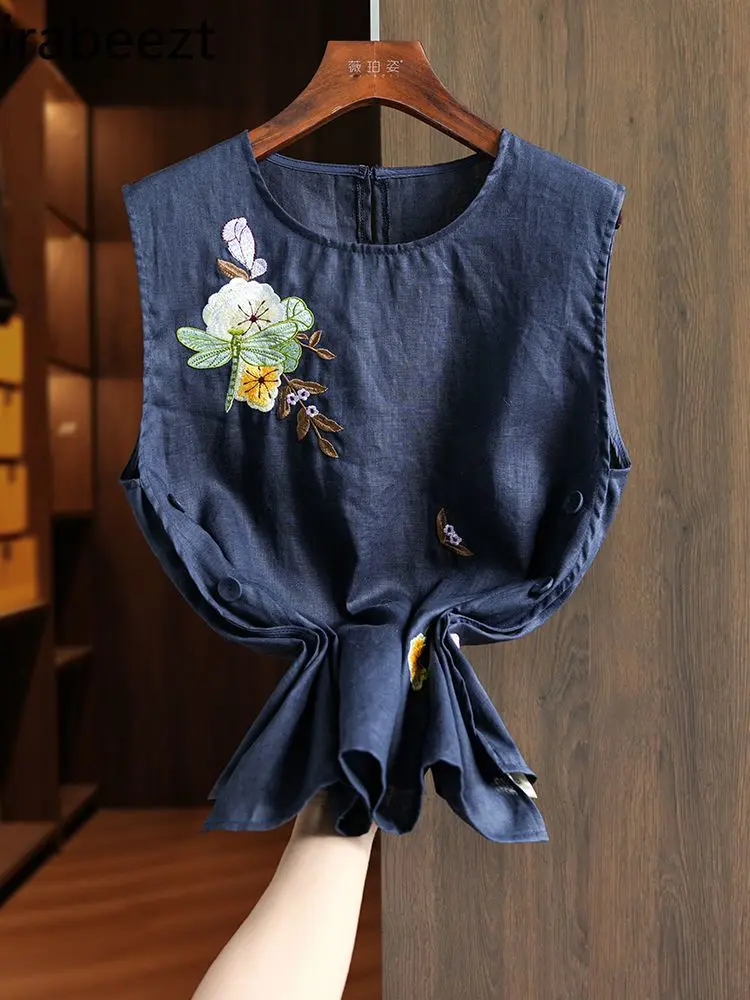 Women's Chinese Style Linen Embroidered Vest Sleeveless Summer Loose Boho Cotton Casual Tunic Tank Top Women