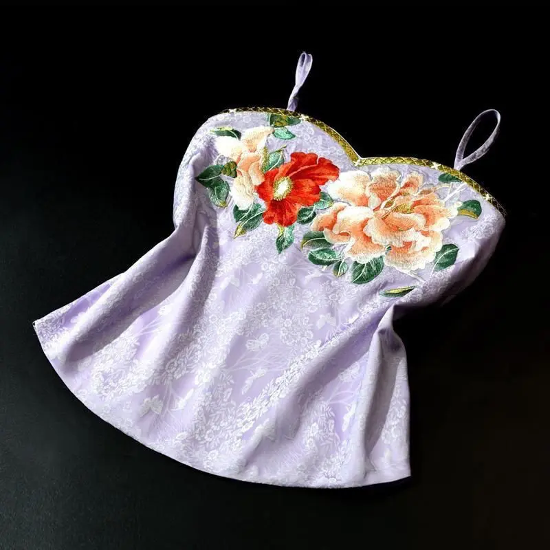 Plus Size Floral Embroidered Satin Hanfu Vest - Summer Boho Chic Camisole Women's Loose Causal Tank Tops