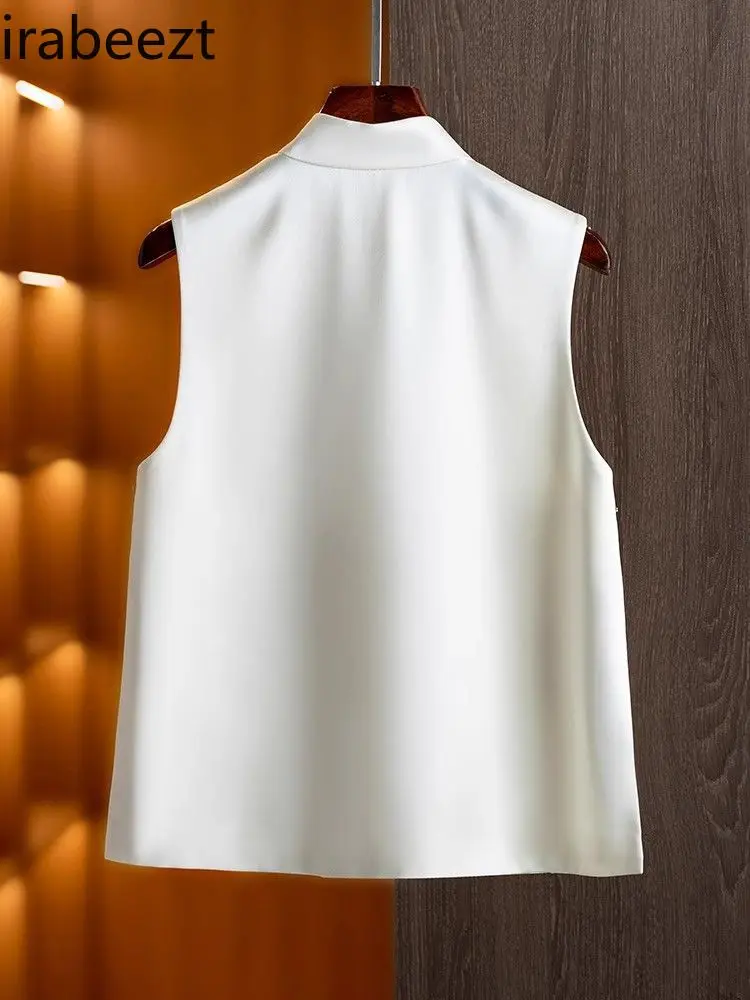 2025 Spring Chinese Style Satin Vest Women Floral Embroidery Beaded Button Waistcoat Elegant Outerwear Vintage Chic