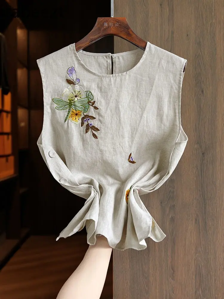 Women's Chinese Style Linen Embroidered Vest Sleeveless Summer Loose Boho Cotton Casual Tunic Tank Top Women