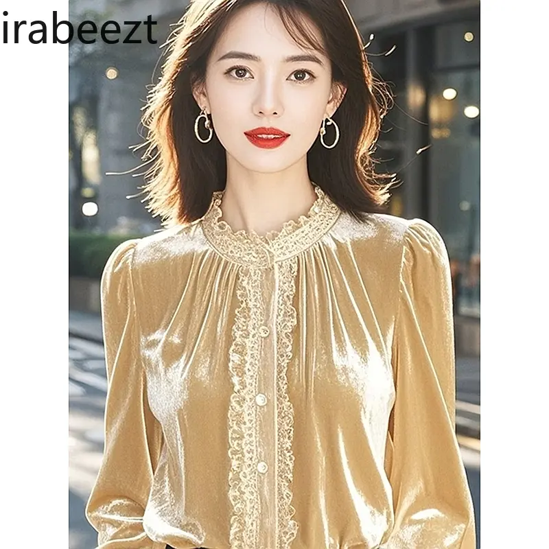 2025 French Style Velvet Blouse Women's Long Sleeve Gold Shirt Vintage Chic Office Casual Tops Fall Spring Fashion