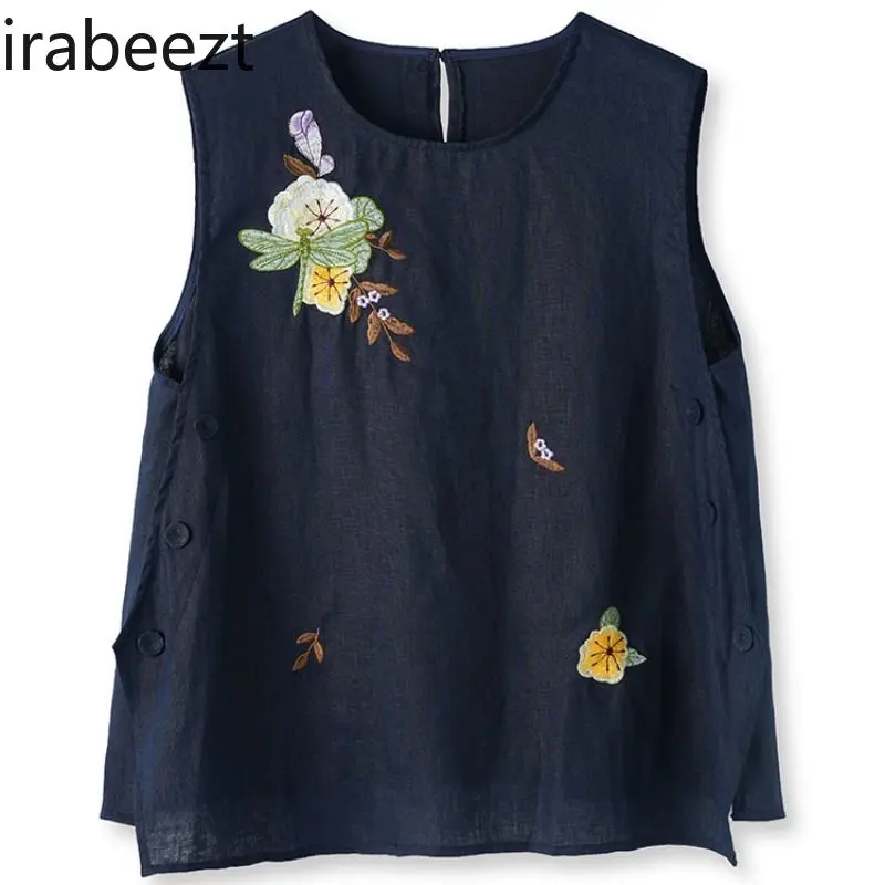 Women's Chinese Style Linen Embroidered Vest Sleeveless Summer Loose Boho Cotton Casual Tunic Tank Top Women