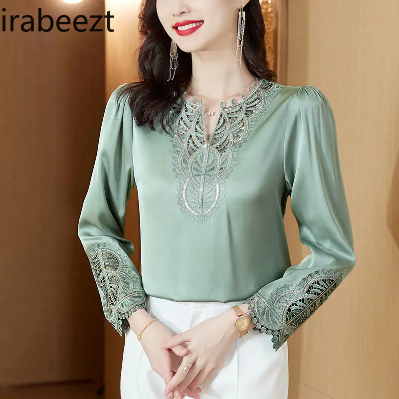 Elegant Satin Women New Fashion V Neck Embroidered Shirt Autumn Chic Office Ladies Tops Long Sleeve Flowy Dressy Blouse
