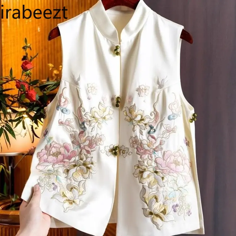 2025 Spring Chinese Style Satin Vest Women Floral Embroidery Beaded Button Waistcoat Elegant Outerwear Vintage Chic