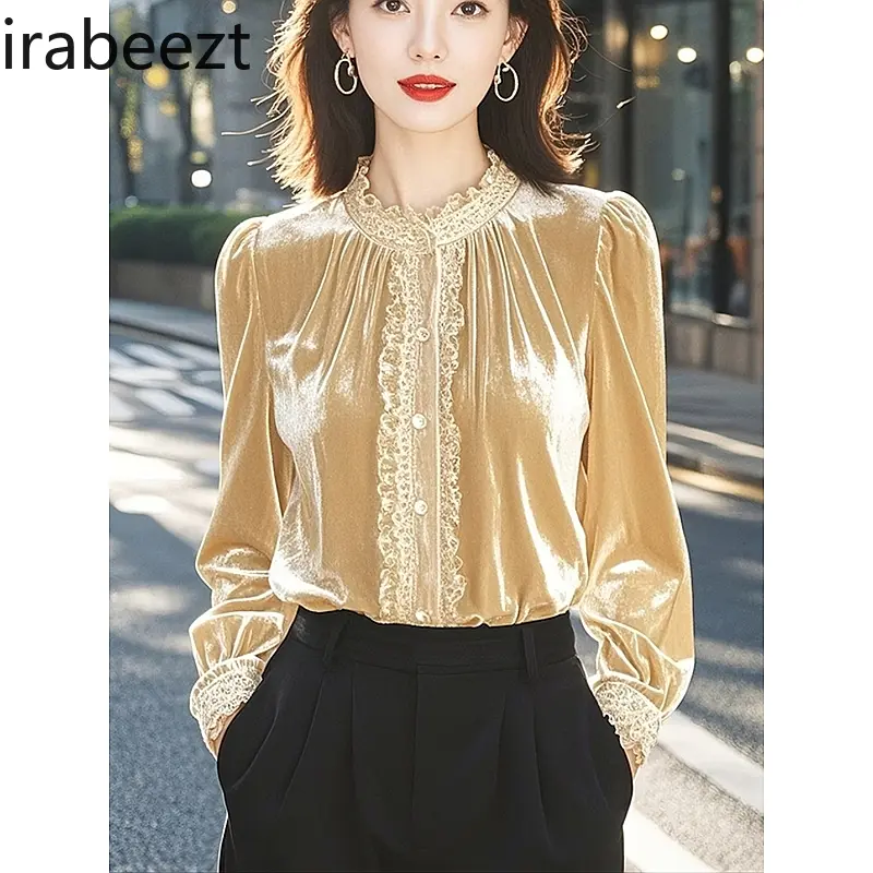 2025 French Style Velvet Blouse Women's Long Sleeve Gold Shirt Vintage Chic Office Casual Tops Fall Spring Fashion