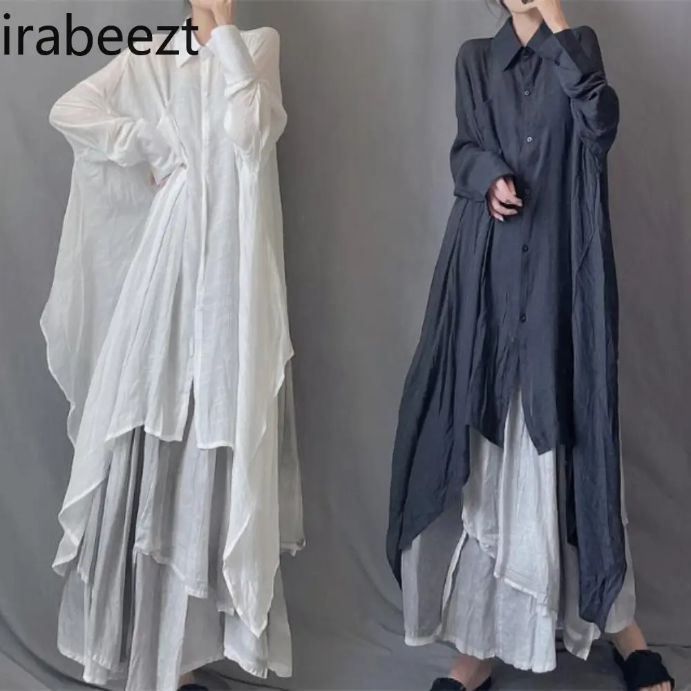 Women’s Loose Bohemian Linen Shirt Dress with Asymmetrical Hemline - Long Loose Bell Sleeve Top Blouse for Summer Casual