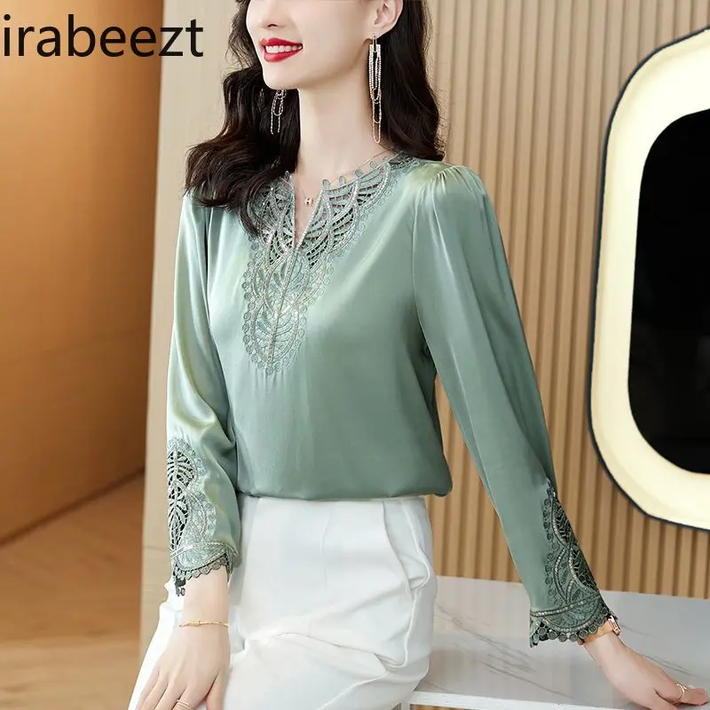 Elegant Satin Women New Fashion V Neck Embroidered Shirt Autumn Chic Office Ladies Tops Long Sleeve Flowy Dressy Blouse