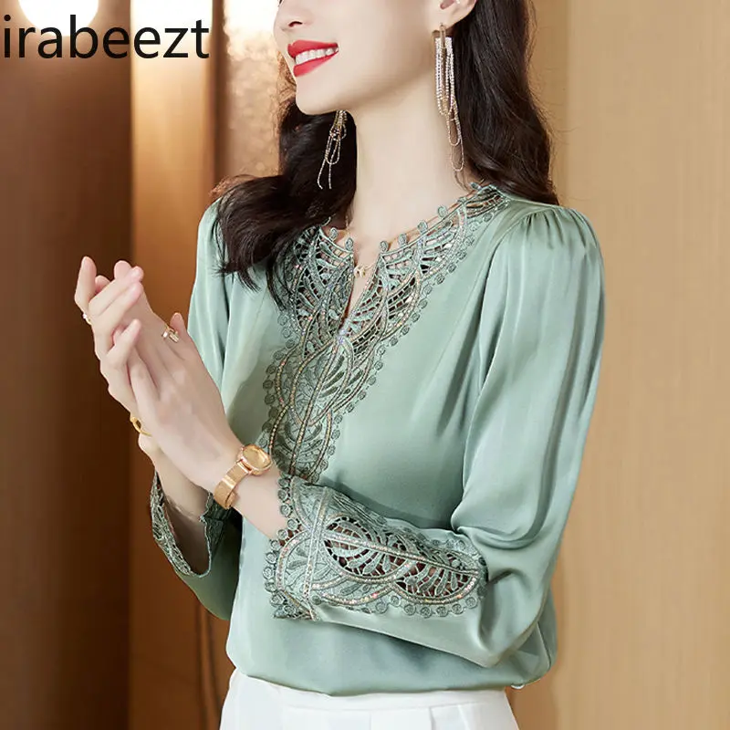 Elegant Satin Women New Fashion V Neck Embroidered Shirt Autumn Chic Office Ladies Tops Long Sleeve Flowy Dressy Blouse