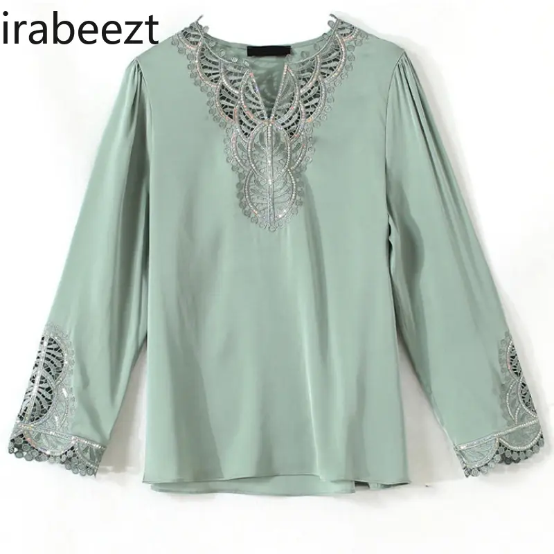 Elegant Satin Women New Fashion V Neck Embroidered Shirt Autumn Chic Office Ladies Tops Long Sleeve Flowy Dressy Blouse