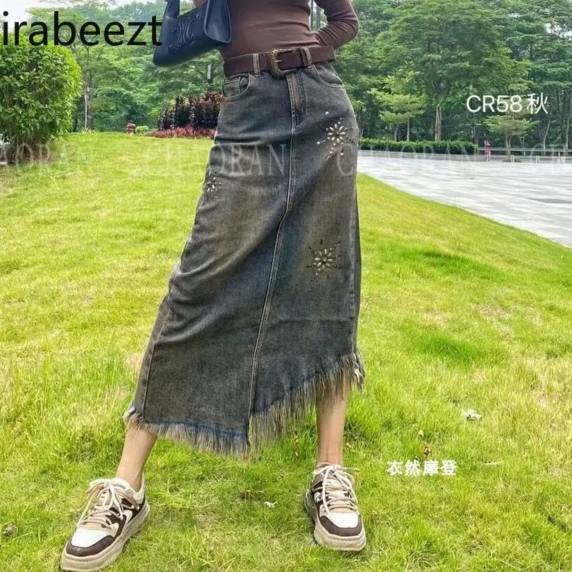 Summer High Waist Rhinestone Studded Denim Skirt for Women Retro A-Line Slit Long Skirt with Irregular Hem and Fringe