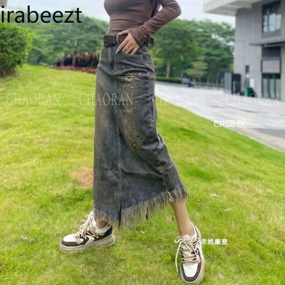 Summer High Waist Rhinestone Studded Denim Skirt for Women Retro A-Line Slit Long Skirt with Irregular Hem and Fringe