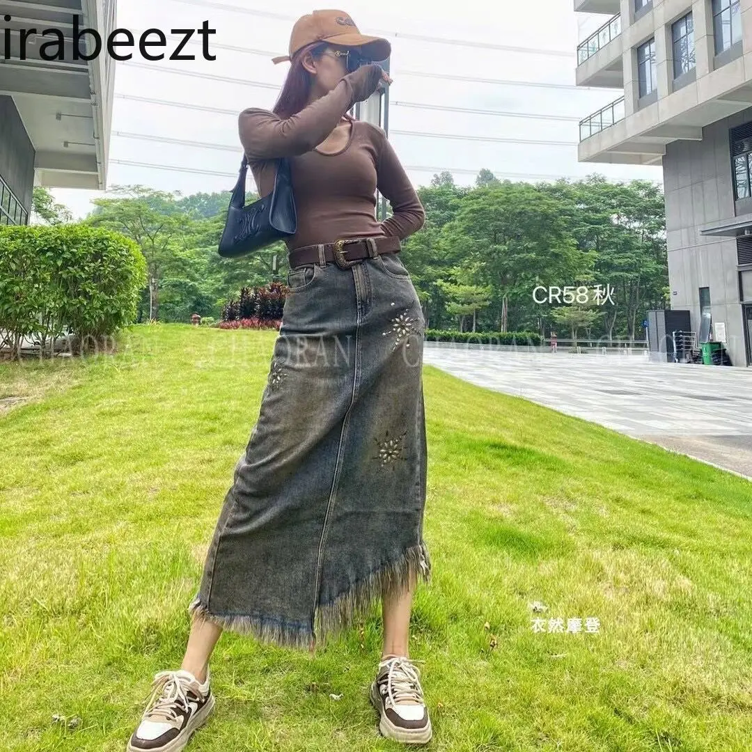 Summer High Waist Rhinestone Studded Denim Skirt for Women Retro A-Line Slit Long Skirt with Irregular Hem and Fringe