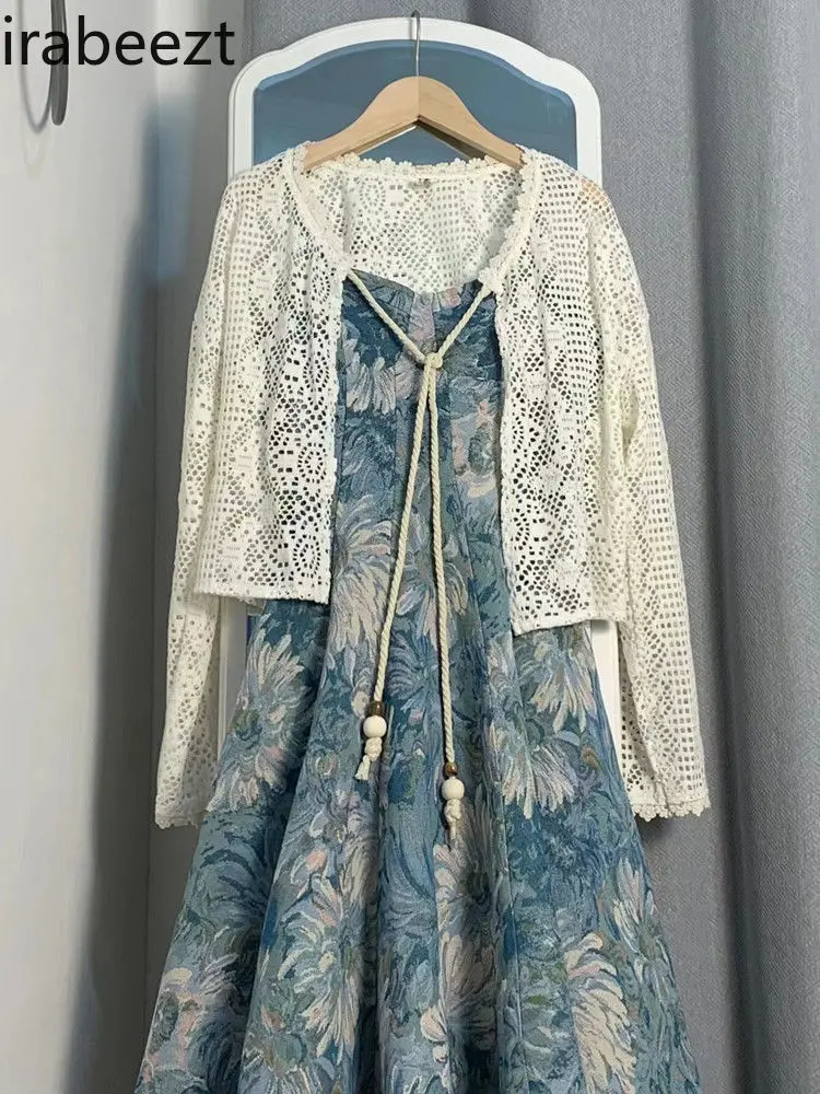 Summer 2025 Trendy Two-Piece Set - Floral Print Dress & Halter Cardigan Soft Fabric Slimming Summer Outfits Sexy Two Piece