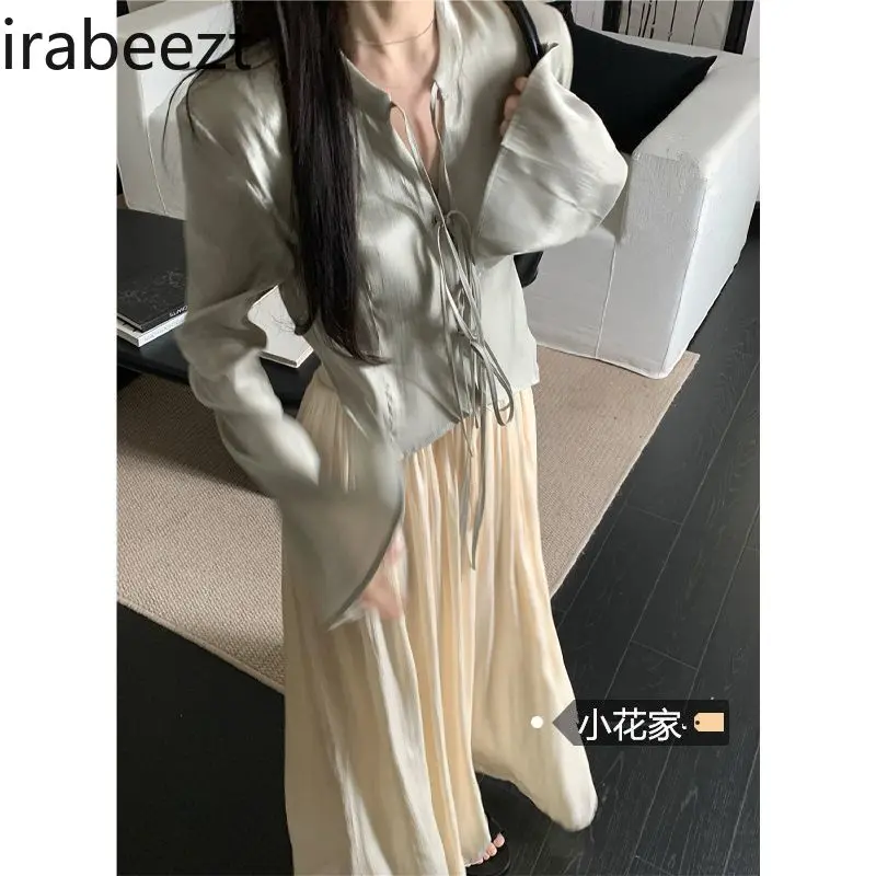 Women's French-Style Long Sleeve Shirt & Wide-Leg Culottes 2-Piece Set Cool & Refreshing Autumn New Design Sun Protection Top