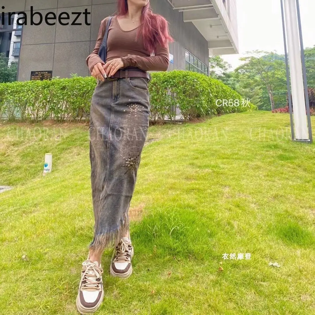 Summer High Waist Rhinestone Studded Denim Skirt for Women Retro A-Line Slit Long Skirt with Irregular Hem and Fringe