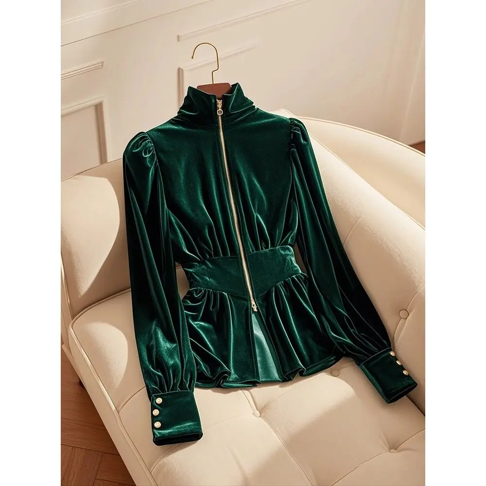 Elegant Dark Green Velvet High Neck Long Sleeve Shirt Women Winter Slim Fit Blouse Fashion Retro Gold Trim Tops