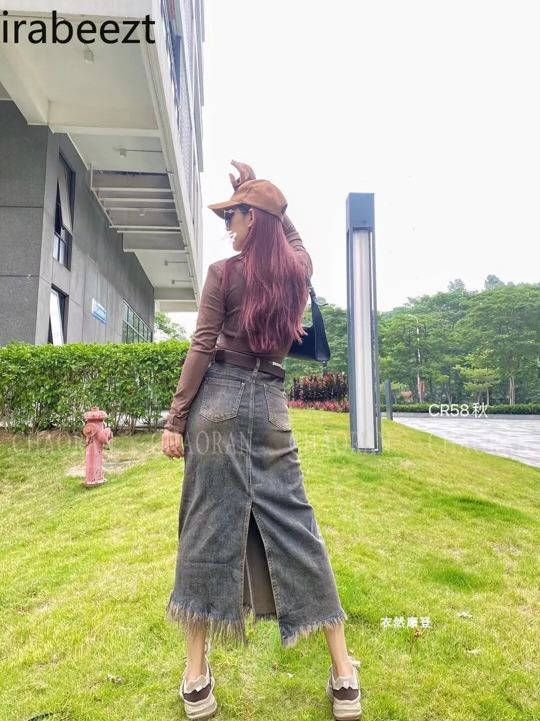 Summer High Waist Rhinestone Studded Denim Skirt for Women Retro A-Line Slit Long Skirt with Irregular Hem and Fringe