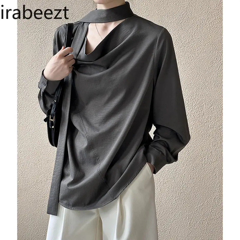 Women's Stylish Off-the-Shoulder Blouse with Ruffled Neckline & Ribbon Details Long Sleeve Oversized Versatile Mix & Match Top