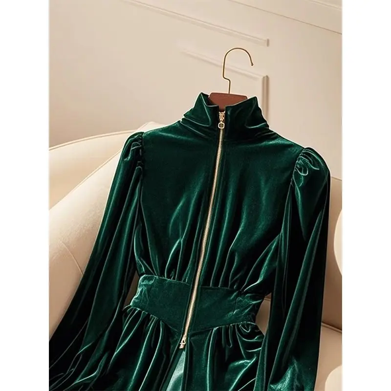 Elegant Dark Green Velvet High Neck Long Sleeve Shirt Women Winter Slim Fit Blouse Fashion Retro Gold Trim Tops