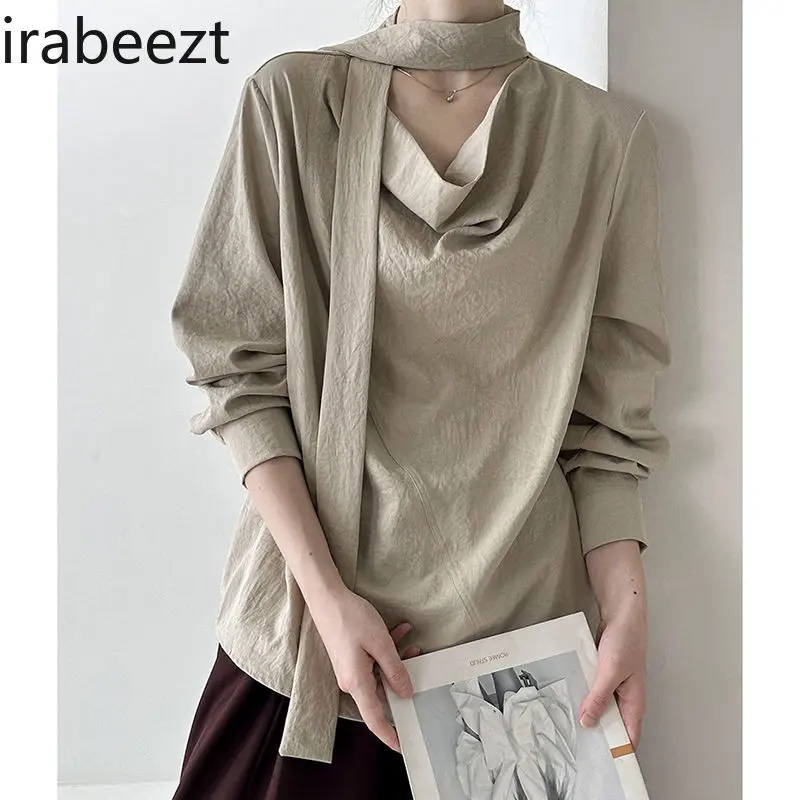 Women's Stylish Off-the-Shoulder Blouse with Ruffled Neckline & Ribbon Details Long Sleeve Oversized Versatile Mix & Match Top