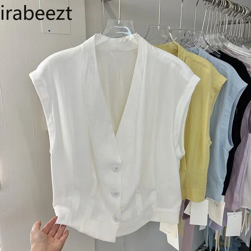 2025 Summer Women's Linen V-Neck Sleeveless Blouse - Slim Fit Waist Vest Top Fashionable Casual Chic Shirt
