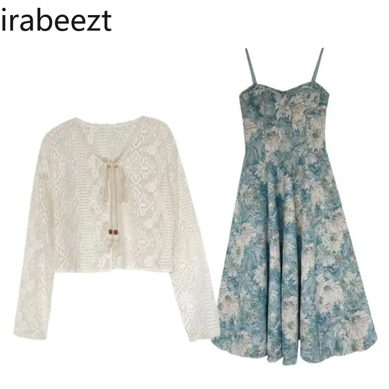Summer 2025 Trendy Two-Piece Set - Floral Print Dress & Halter Cardigan Soft Fabric Slimming Summer Outfits Sexy Two Piece