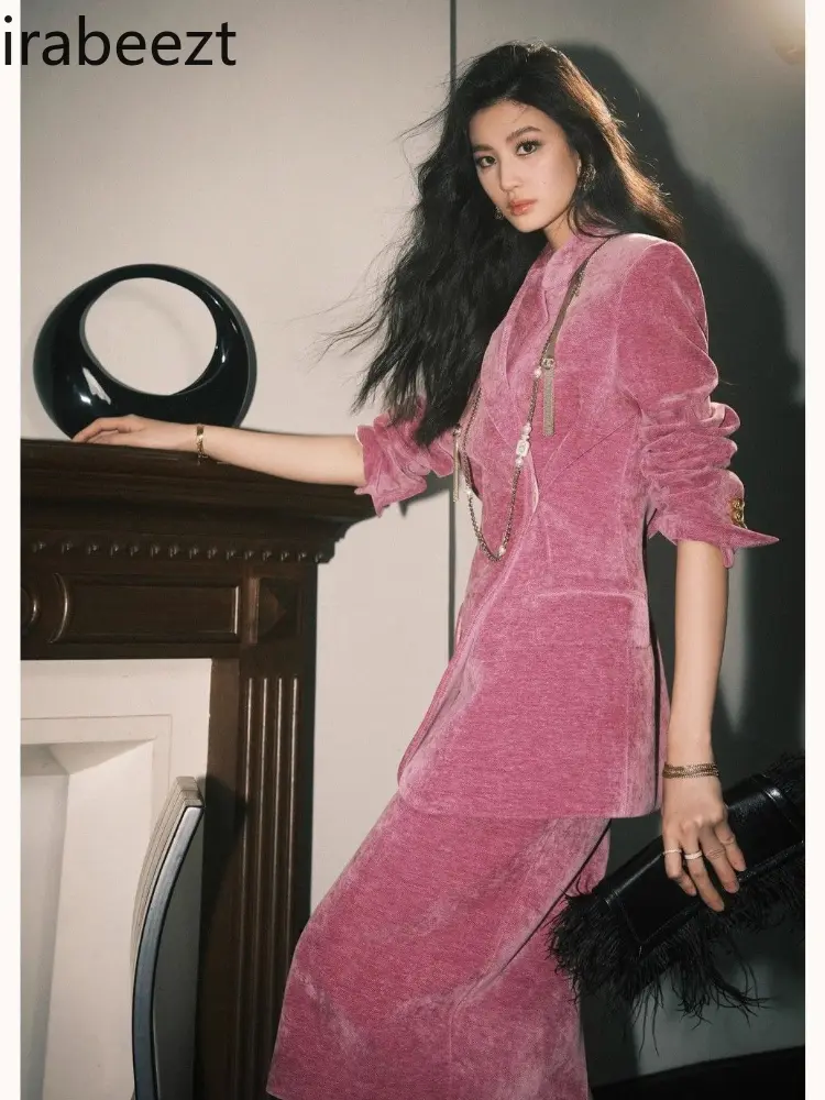2025 New Pink Velvet Blazer & Skirt Set Women's French Retro Office Suit Spring Elegant Formal Outfit Conjunto Feminino