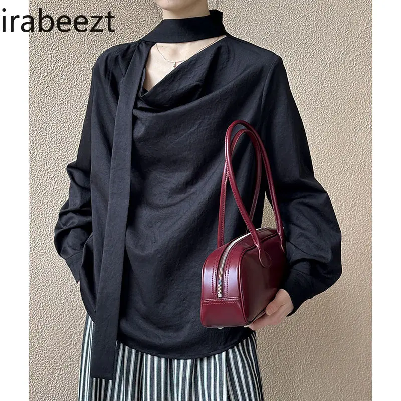 Women's Stylish Off-the-Shoulder Blouse with Ruffled Neckline & Ribbon Details Long Sleeve Oversized Versatile Mix & Match Top