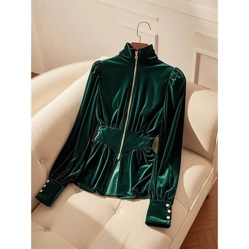 Elegant Dark Green Velvet High Neck Long Sleeve Shirt Women Winter Slim Fit Blouse Fashion Retro Gold Trim Tops