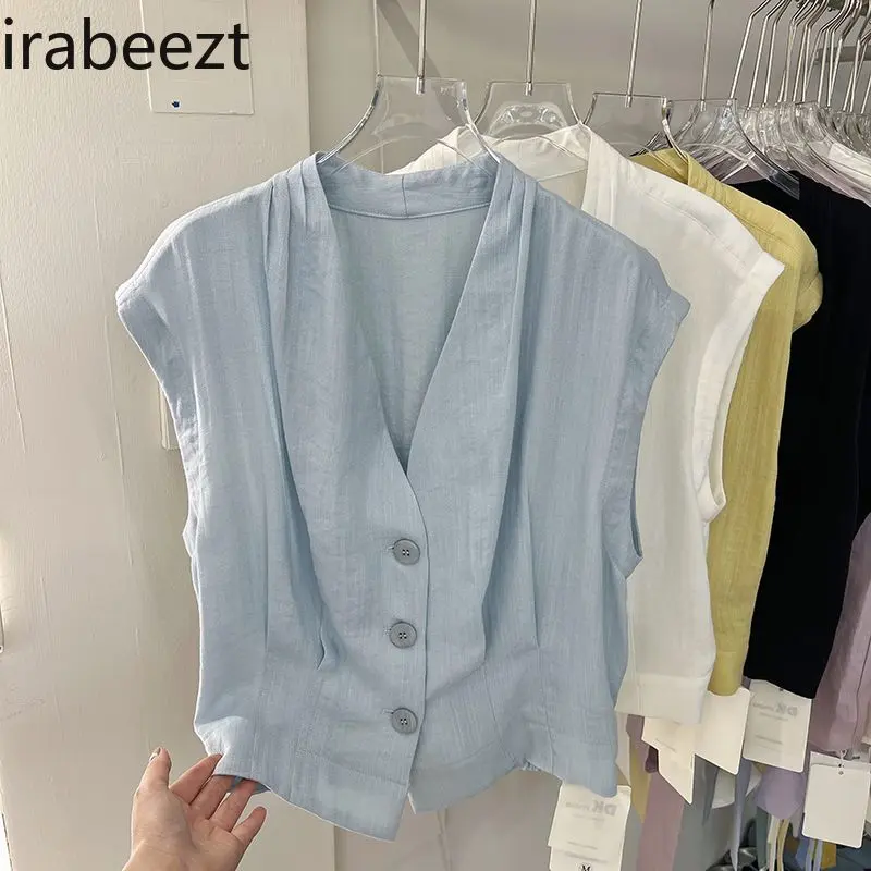 2025 Summer Women's Linen V-Neck Sleeveless Blouse - Slim Fit Waist Vest Top Fashionable Casual Chic Shirt