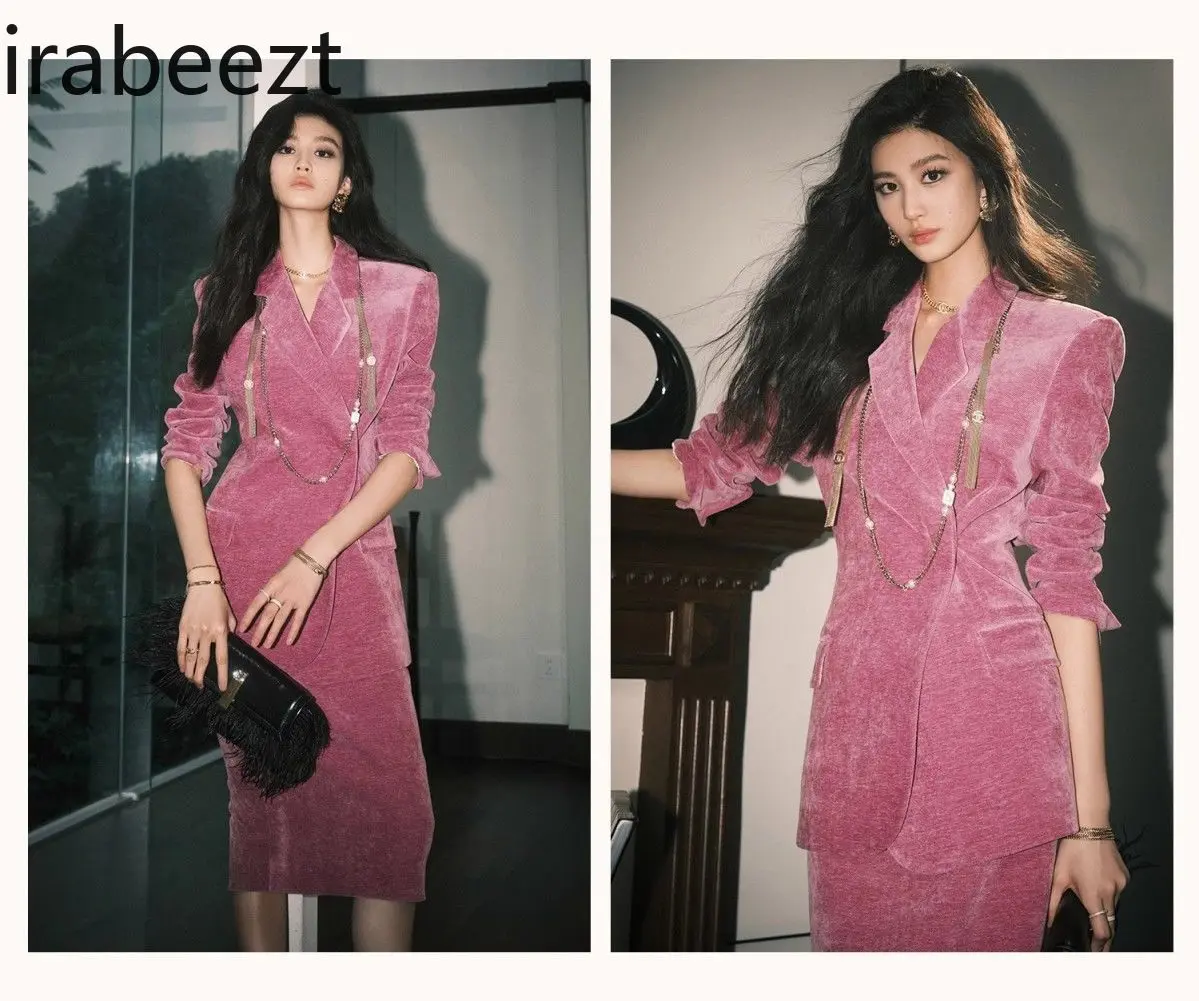 2025 New Pink Velvet Blazer & Skirt Set Women's French Retro Office Suit Spring Elegant Formal Outfit Conjunto Feminino
