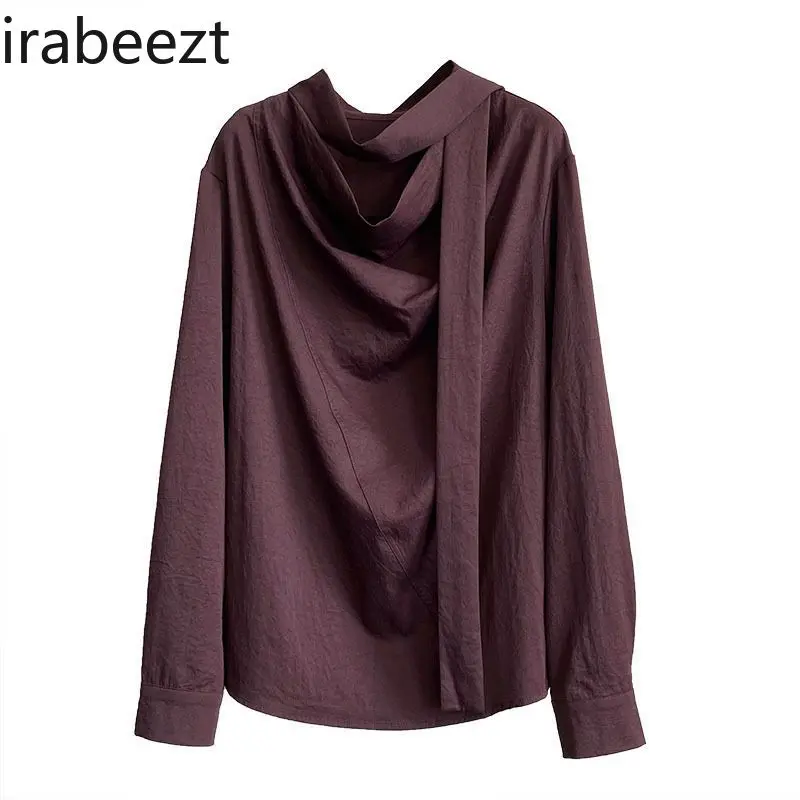 Women's Stylish Off-the-Shoulder Blouse with Ruffled Neckline & Ribbon Details Long Sleeve Oversized Versatile Mix & Match Top