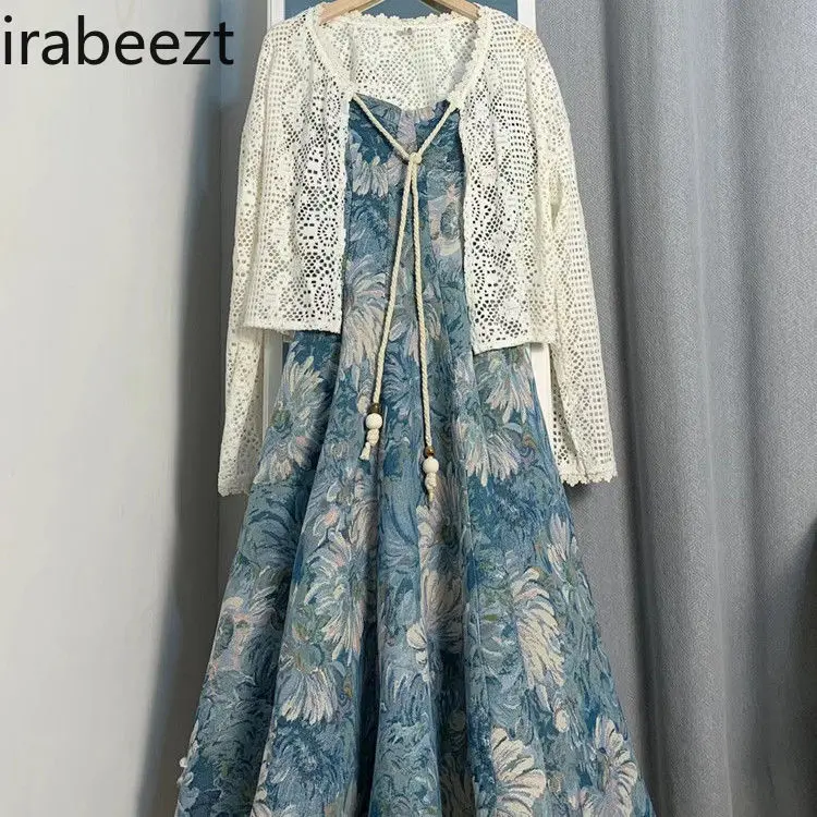 Summer 2025 Trendy Two-Piece Set - Floral Print Dress & Halter Cardigan Soft Fabric Slimming Summer Outfits Sexy Two Piece