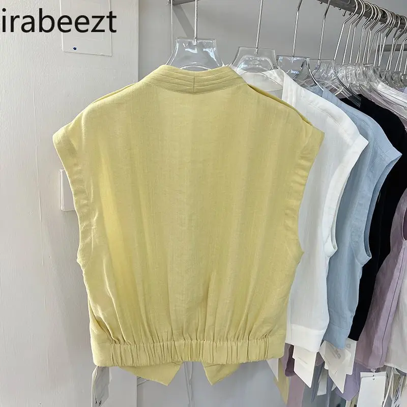 2025 Summer Women's Linen V-Neck Sleeveless Blouse - Slim Fit Waist Vest Top Fashionable Casual Chic Shirt