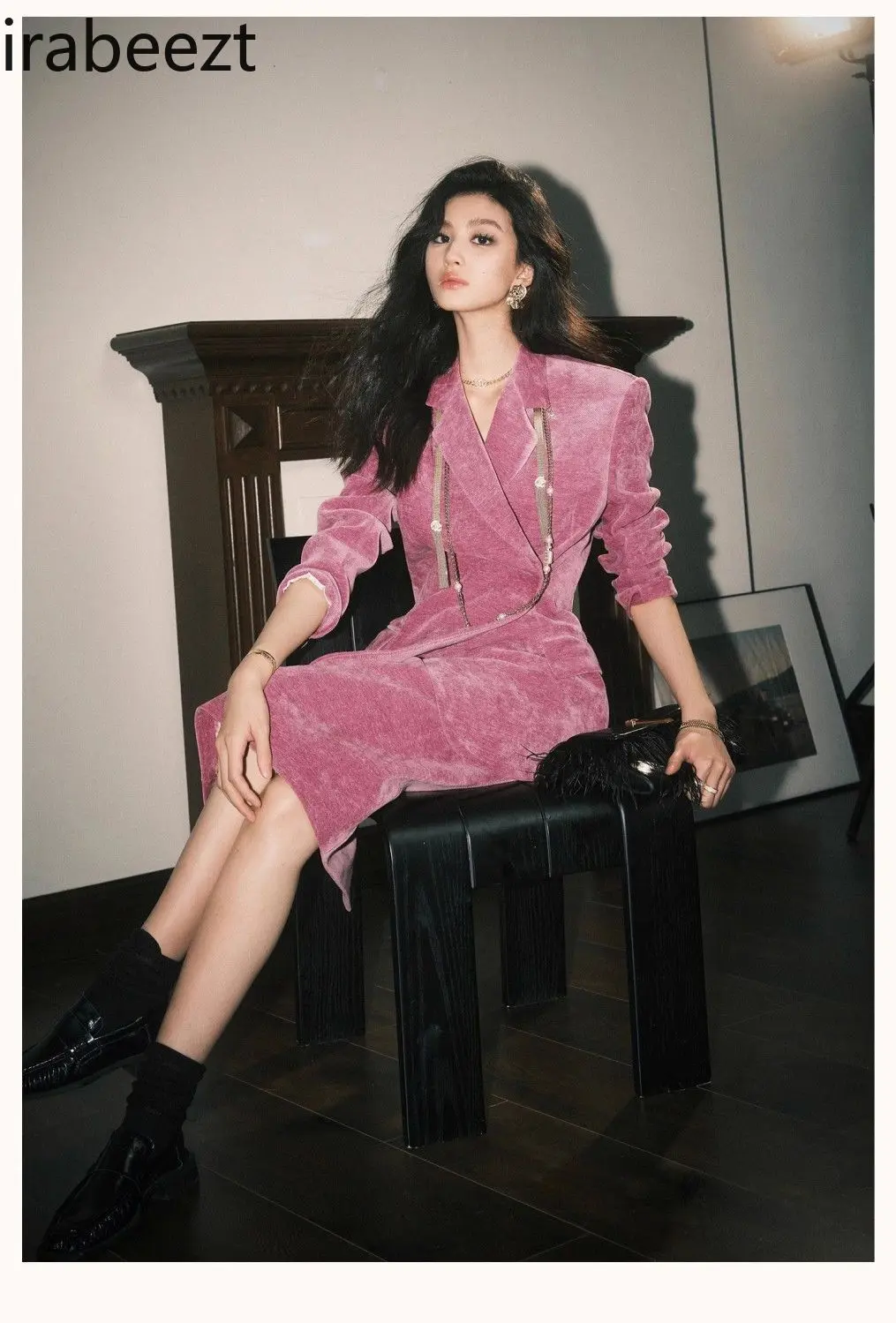 2025 New Pink Velvet Blazer & Skirt Set Women's French Retro Office Suit Spring Elegant Formal Outfit Conjunto Feminino