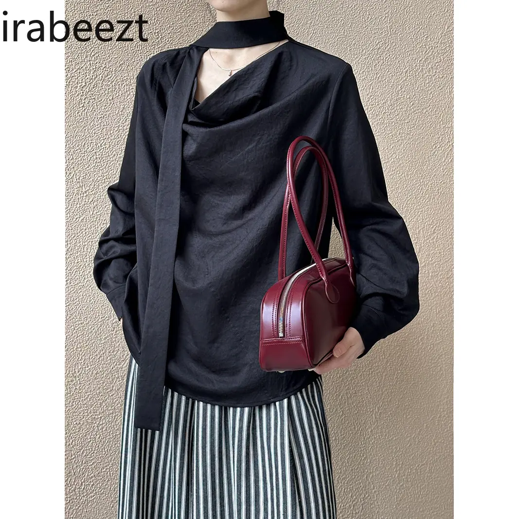 Women's Stylish Off-the-Shoulder Blouse with Ruffled Neckline & Ribbon Details Long Sleeve Oversized Versatile Mix & Match Top