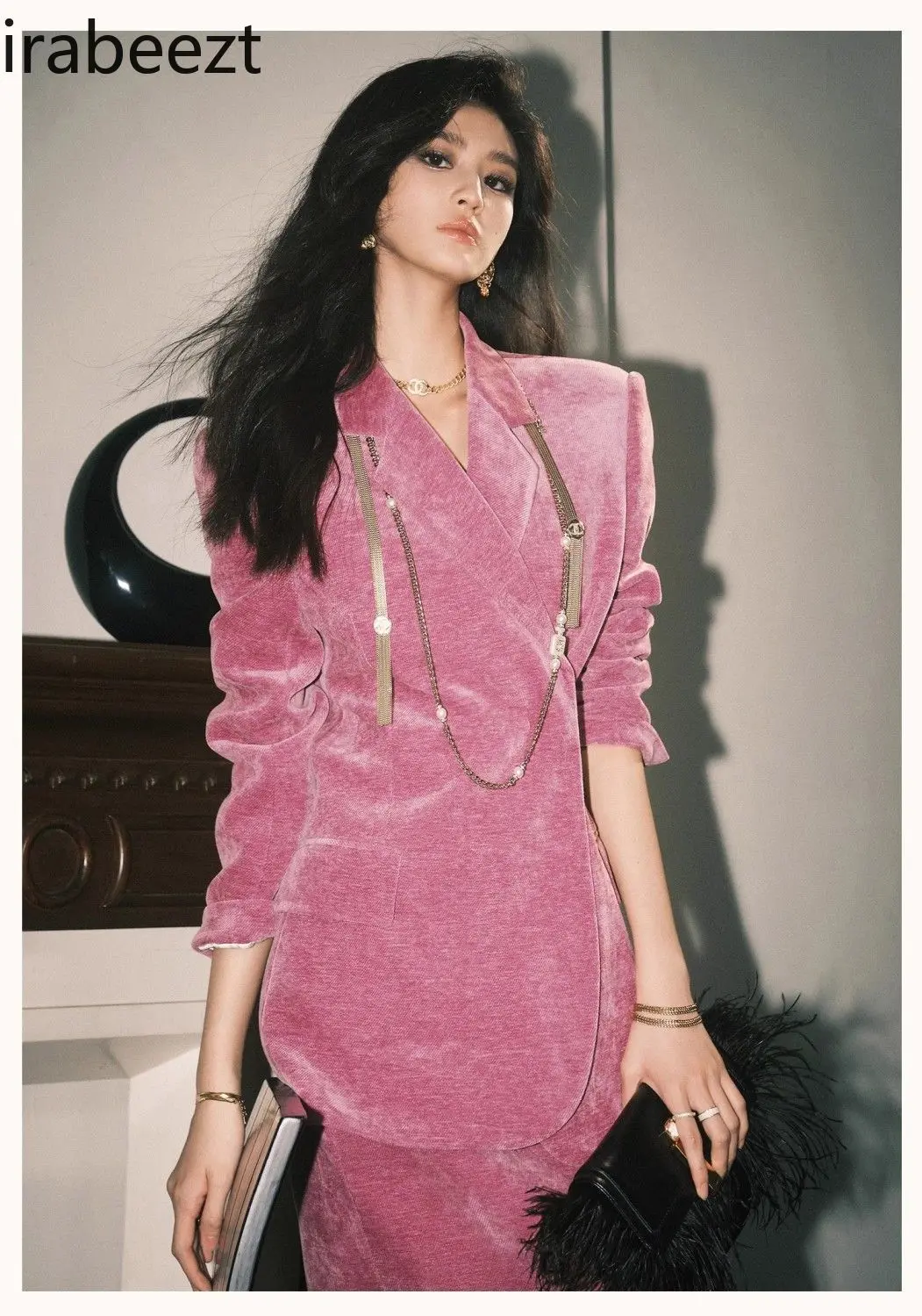 2025 New Pink Velvet Blazer & Skirt Set Women's French Retro Office Suit Spring Elegant Formal Outfit Conjunto Feminino