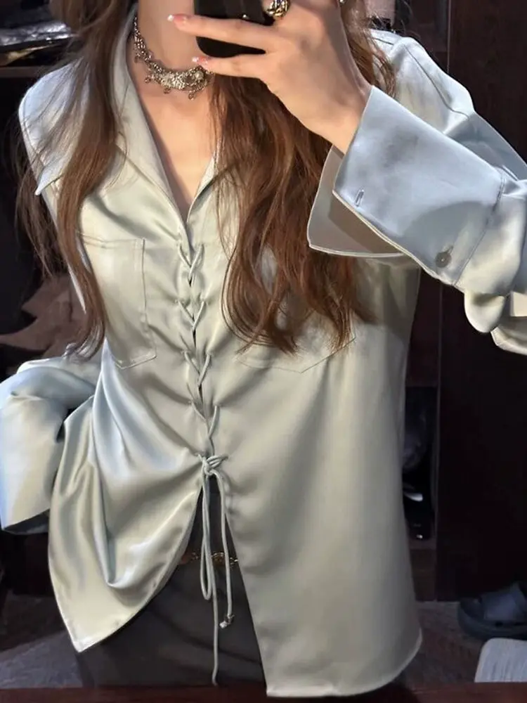 Elegant French Retro Satin Blouse Women's Fashion Bow Tie Vintage Design Loose Fit Silk Shirt Casual Office Chic