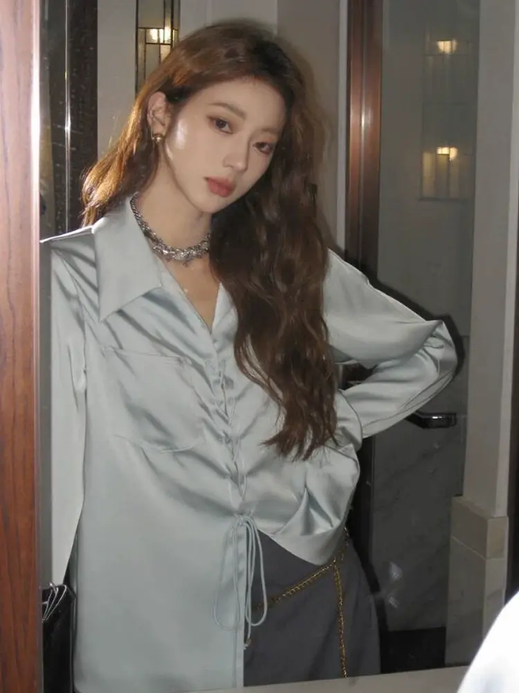Elegant French Retro Satin Blouse Women's Fashion Bow Tie Vintage Design Loose Fit Silk Shirt Casual Office Chic