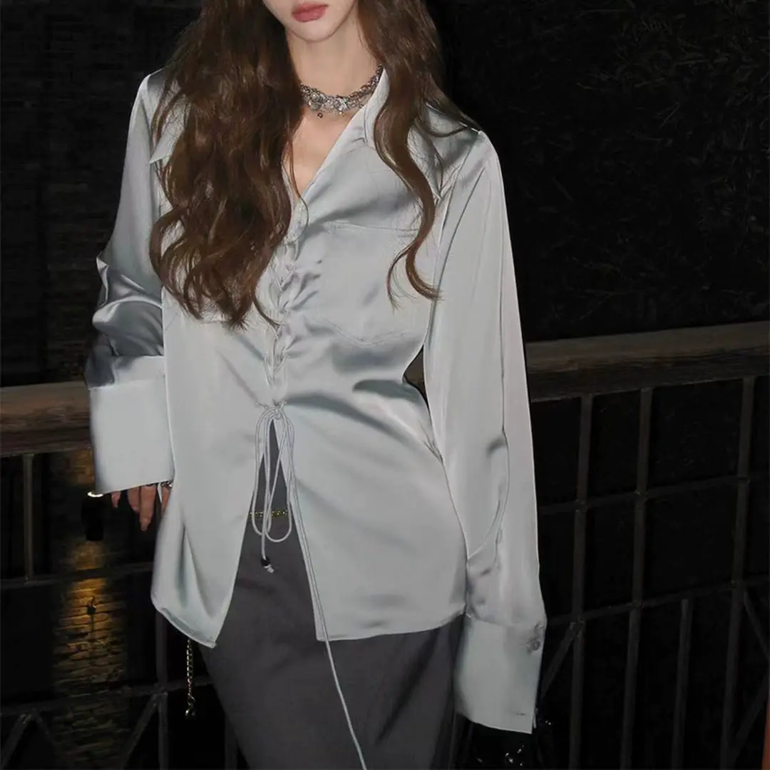 Elegant French Retro Satin Blouse Women's Fashion Bow Tie Vintage Design Loose Fit Silk Shirt Casual Office Chic