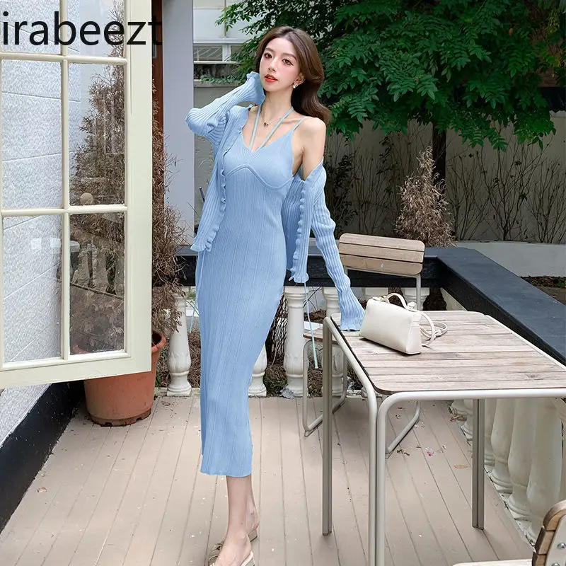Vintage Knit Two-Piece Set Off-Shoulder Racerback Tank Dress with Ribbed Trim V-Neck Cardigan Boho Style for Casual/Party