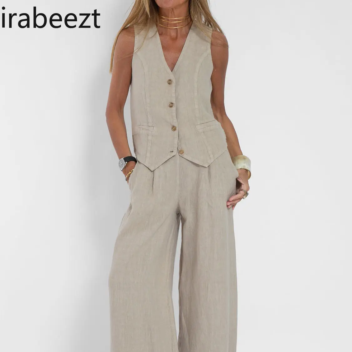 Summer Women's High-End Linen Vest & Wide Leg Pants Set - Breathable Cotton Linen Blend Casual Two-Piece Outfit for Women