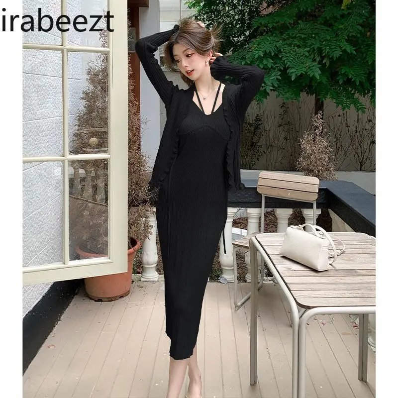 Vintage Knit Two-Piece Set Off-Shoulder Racerback Tank Dress with Ribbed Trim V-Neck Cardigan Boho Style for Casual/Party