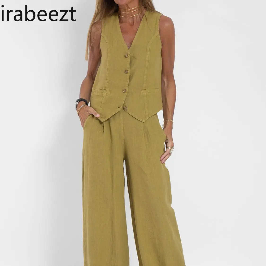 Summer Women's Linen Vest & Wide Leg Pants Suit - Boho Chic Cotton Loungewear Two Piece Outfit Casual Loose Fit Matching Set