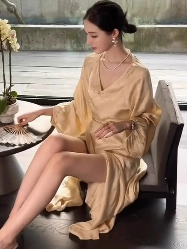 2025 Summer Women's Tea Style Robe - New Chinese Floral Printed Maxi Dress Elegant O-Neck Long Sleeve Flowy Boho Outfit