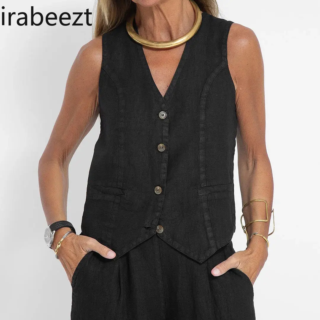 Summer Women's High-End Linen Vest & Wide Leg Pants Set - Breathable Cotton Linen Blend Casual Two-Piece Outfit for Women