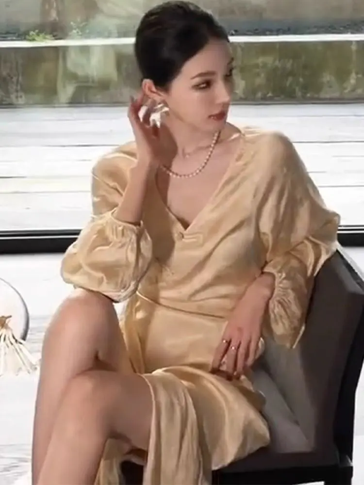 2025 Summer Women's Tea Style Robe - New Chinese Floral Printed Maxi Dress Elegant O-Neck Long Sleeve Flowy Boho Outfit