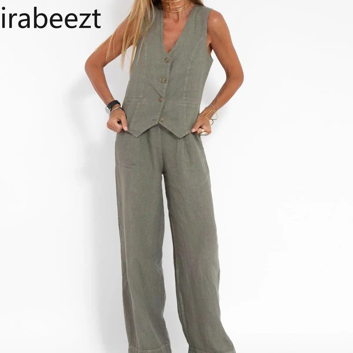 Summer Women's Linen Vest & Wide Leg Pants Suit - Boho Chic Cotton Loungewear Two Piece Outfit Casual Loose Fit Matching Set